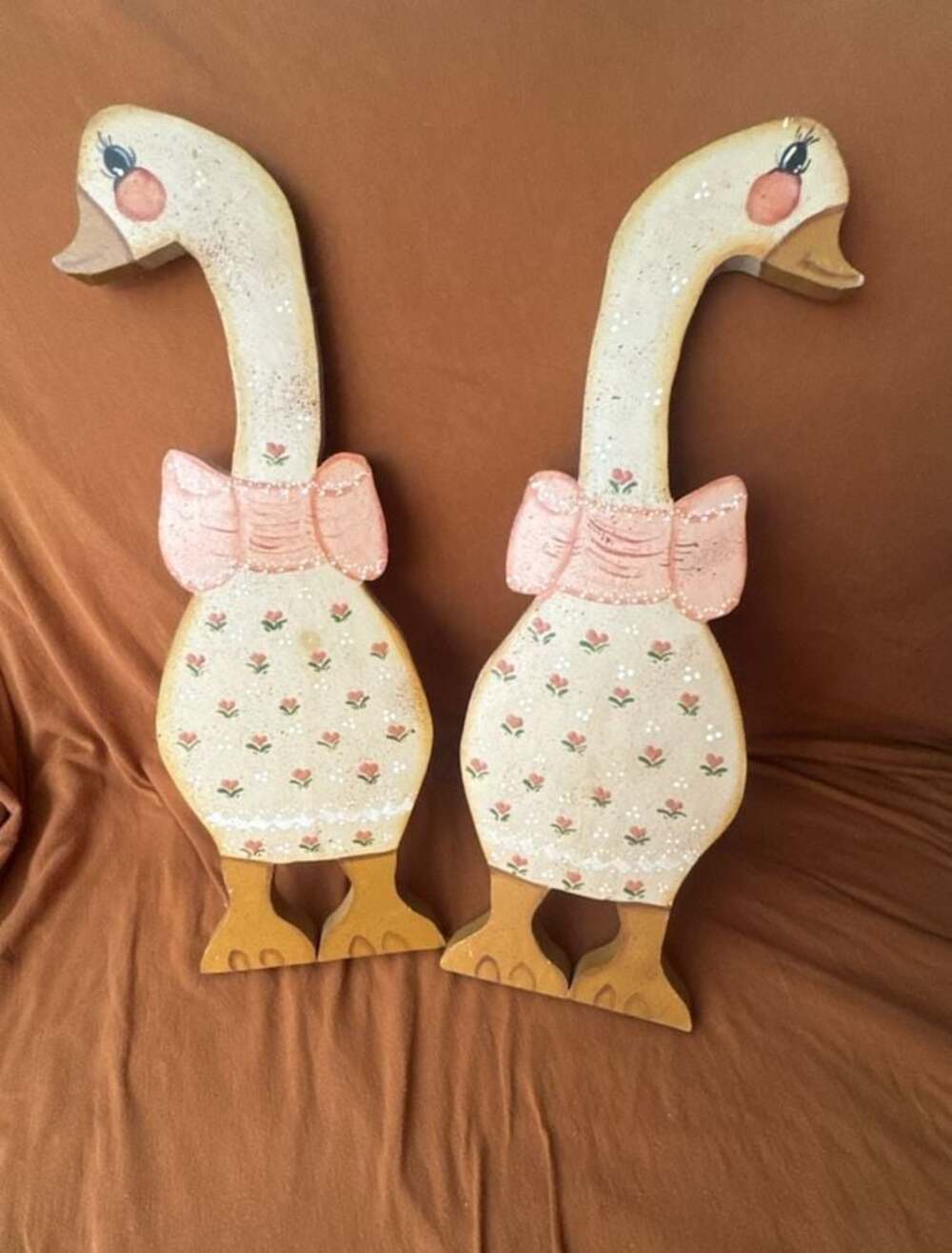 Vintage Hand Painted Wooden Country Goose Duck Wall Hanging Decor Folk Art Pair